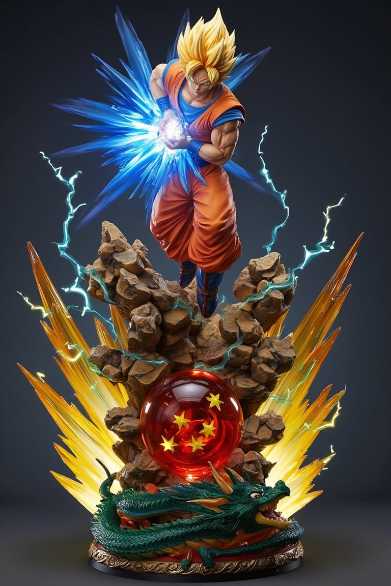 Masterpiece, professional, Top Quality, High Definition, high detail, perfect detail, perfect hands and feet (perfect anatomy). A powerful scene featuring Goku in an orange and blue outfit, with long spiky blonde hair, soaring over rugged rocks. He is holding his hands together in the middle is a bright glowing blue energy sphere, surrounded by sharp streaks of light like yellow lightning emanating from the ground. His fierce expression and pose suggest that he is gathering energy for a devastating attack. The base of the statue features a bright green dragon wrapped around a transparent red spherical gem with 4 yellow stars in the middle that glow slightly. The energy blasts and vibrant colors of the scene give a sense of immense power and movement
