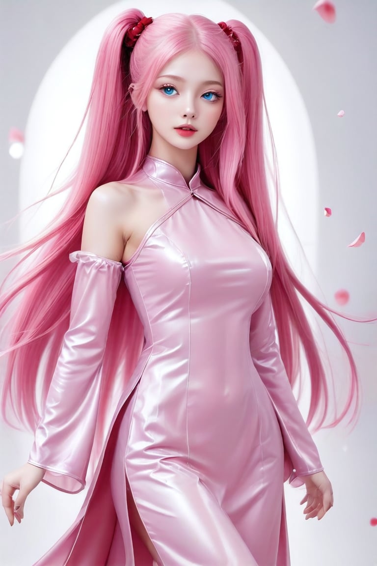 Beautiful girl. She is very badass, she wears AO DAI dress, Shoulder -long sleeve  a very luxurious outfit. detailed image, detailed skin, upper body, looking at viewer, twintails cut. Pink hair, blue eyes. White background, ((masterpiece: 1.2)), light particles, light particles in background, Anime style., full body shot, long silk pants, Winding of shimmering fantasy