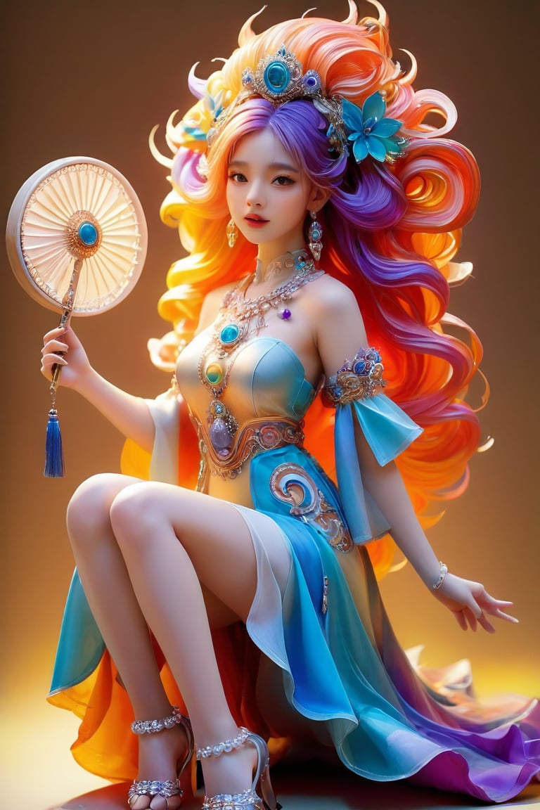 A hybrid being of enchanting beauty! In a warm, dreamy light, with volumetric shadows, this mesmerizing creature sits upon a matte background. Multicolored hair flows like a tapestry of hues, with blue eyes shining like sapphires. The pose is eccentric, with one hand holding an ornate motif-adorned fan, while the other grasps a vintage-inspired globe.,Ink art style,3D,PVC,anime