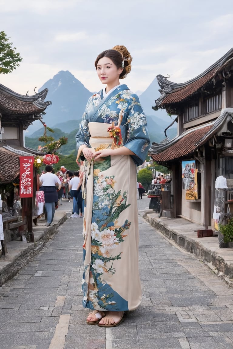 The image depicts a woman standing on the street in an old Japanese town. She is wearing a beige hakama, both of which are similar in color and material. The hakama is blue and has eye-catching floral patterns, and she is wearing geta sandals. She has her hair in a neat bun, decorated with a Sensu-handled wooden hairpin. In the background, there is a shop with the word "BOSS" displayed, and the bustling crowd on the old town creates a bustling atmosphere. Augmented reality, digital art, exquisite beauty
