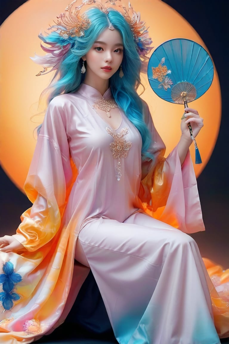 A hybrid being of enchanting beauty! In a warm, dreamy light, with volumetric shadows, this mesmerizing creature sits upon a matte background. Multicolored hair flows like a tapestry of hues, with blue eyes shining like sapphires. The pose is eccentric, with one hand holding an ornate motif-adorned fan, while the other grasps a vintage-inspired globe.,Ink art style,3D,PVC,anime, Ao Dai costum, long silk pants, long sleeve