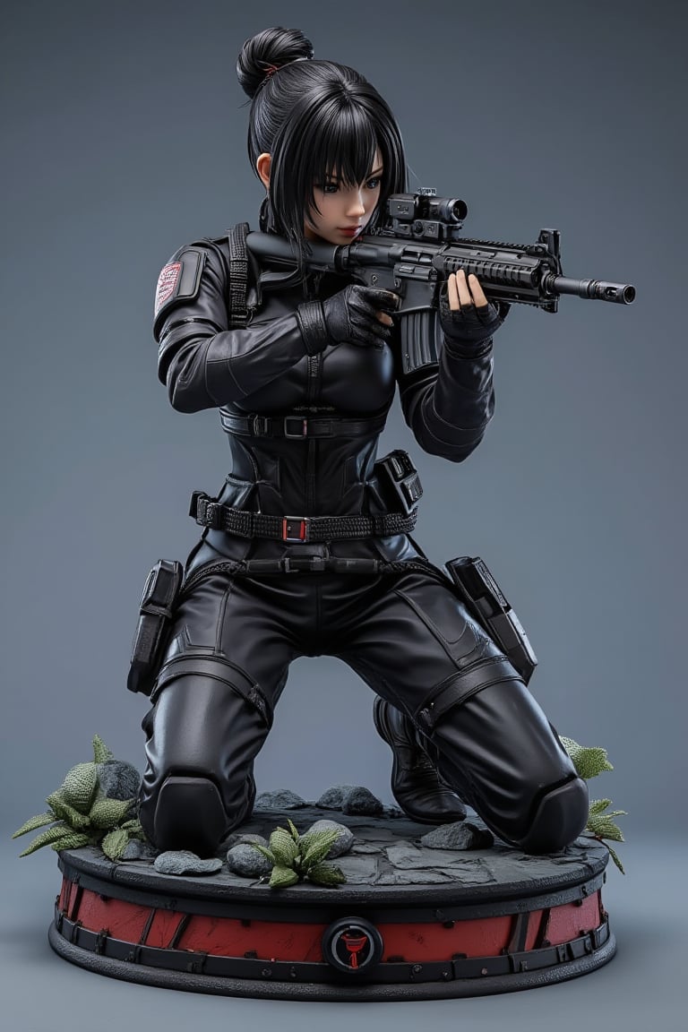 Resin action figure about a very beautiful girl, black hair, elegant hair bun, black eyes, elegant, full body, obi, intense look as in a duet,  \(perfect anatomy)\, combat suit design, highly detailed, anime girl, knelt down on one knee, holding semiauto weapon close to face, in shooting stance, masterpiece, 8k, stunning image, Tifa_flux,resin