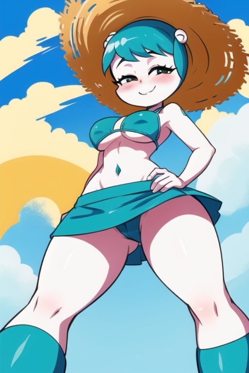 jenny wakeman,boots, android, big tits, thick thights, Beach background, short cyan skirt, bikini, straw hat, light white skin, blush, hand on waist, from below, looking at the viewer, seductive look, seductive smile, half-closed eyes