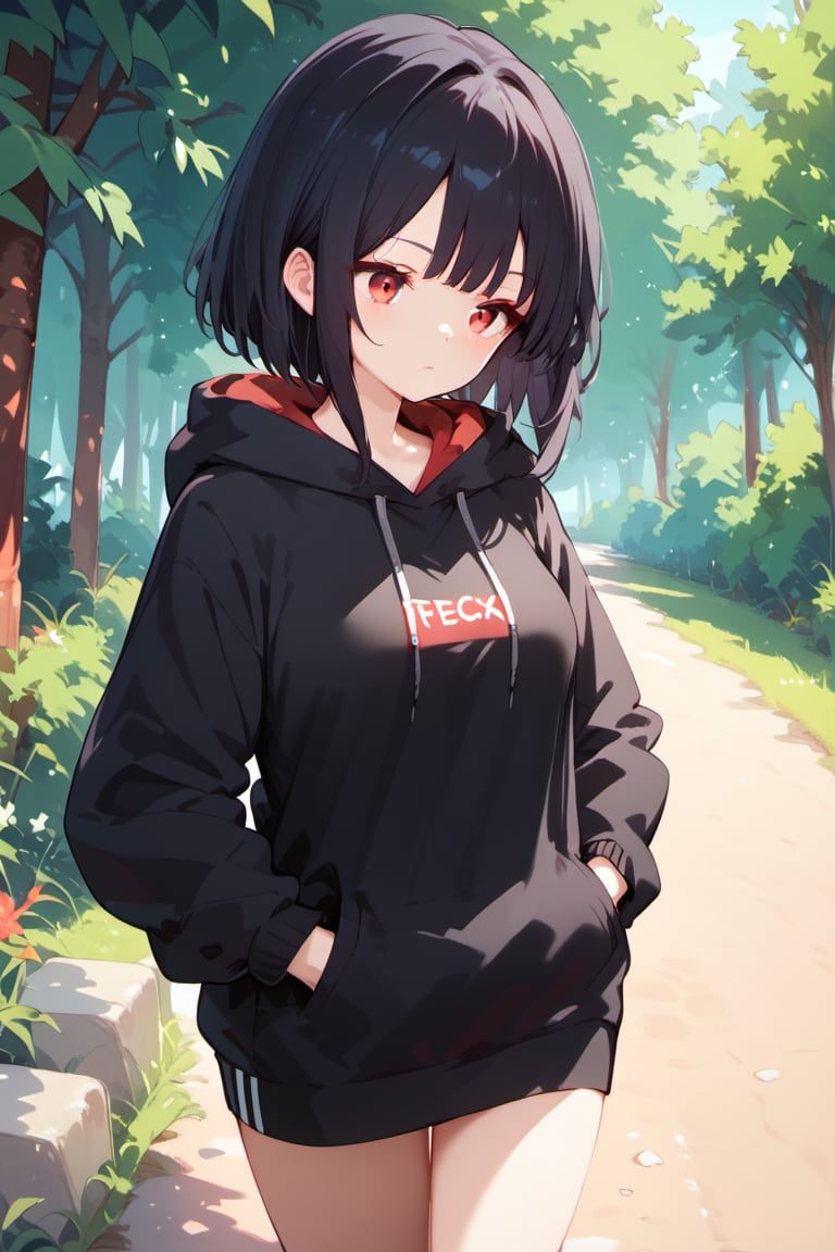 score_9, score_8_up, score_7_up, teenage girl, black hoodie, black hair, red eyes, walking outdoors, hands in pockets of hoodie, curious expression