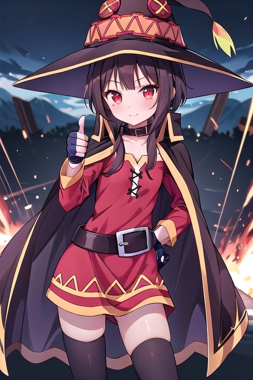 1girl, alone,bandage leg,thighhighs,asymmetrical legwear,gloves, collar,belt, megu cape, megu dress, Megu hat,Megu-KJ,explosion in the background, thumbs up with right hand