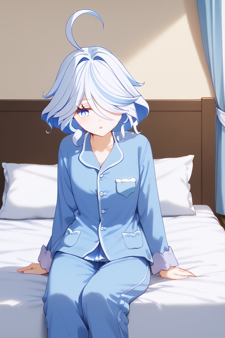 furina,blue eyes,blue hair,cowlick,ahoge,hair over one eye,light blue hair,short hair,no hat,blue pajamas, sitting on bed