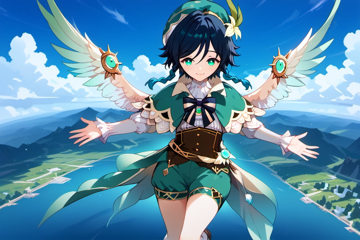 1boy,alone,venti,gradient hair,dark blue hair,green hair,twin braids,green eyes,green outfit,flying through the sky, high up in sky, above sea, wings, open hands, smiling,beautiful_female_fingers,perfect hands,detailed hands,beautiful hands