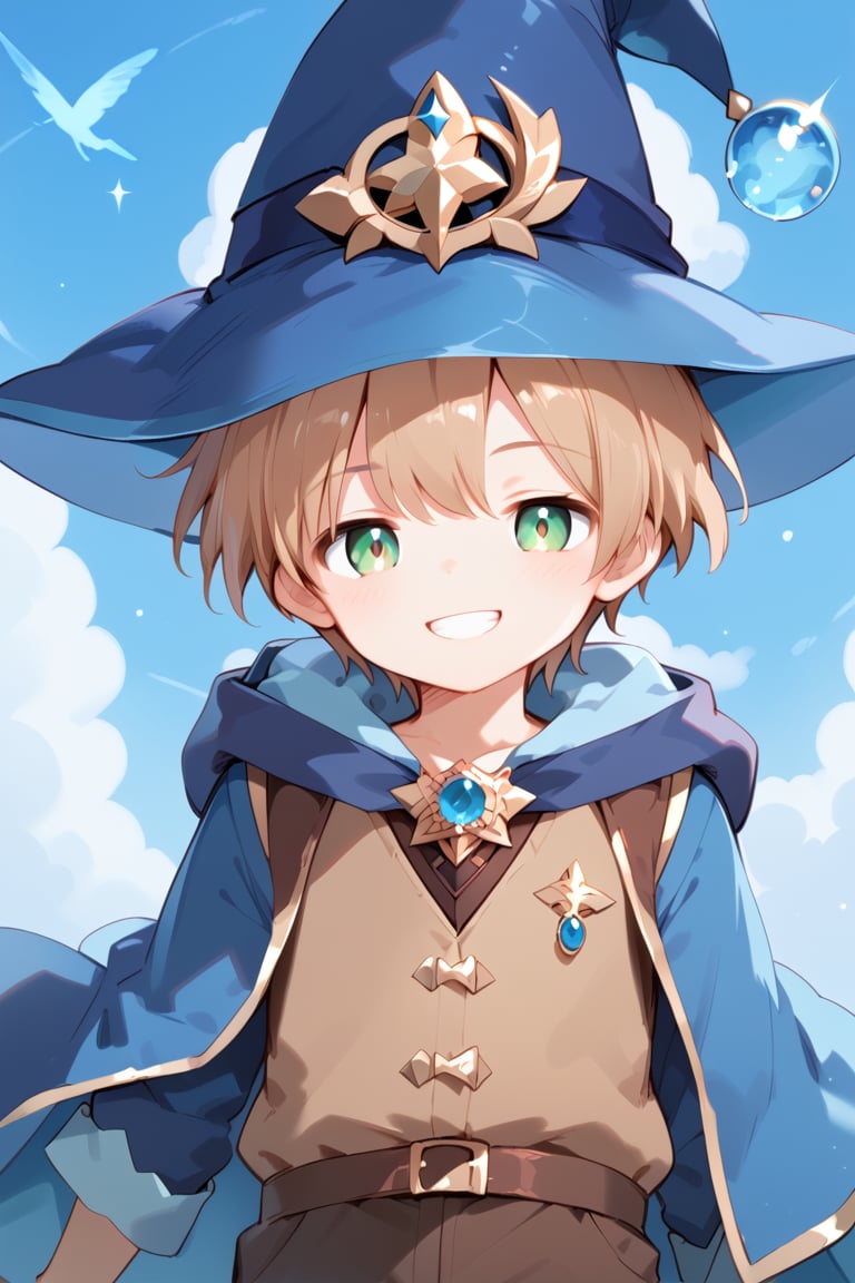 1boy, short blond hair, brown vest, blue wizard hat, smiling,score_9, score_8_up, score_7_up