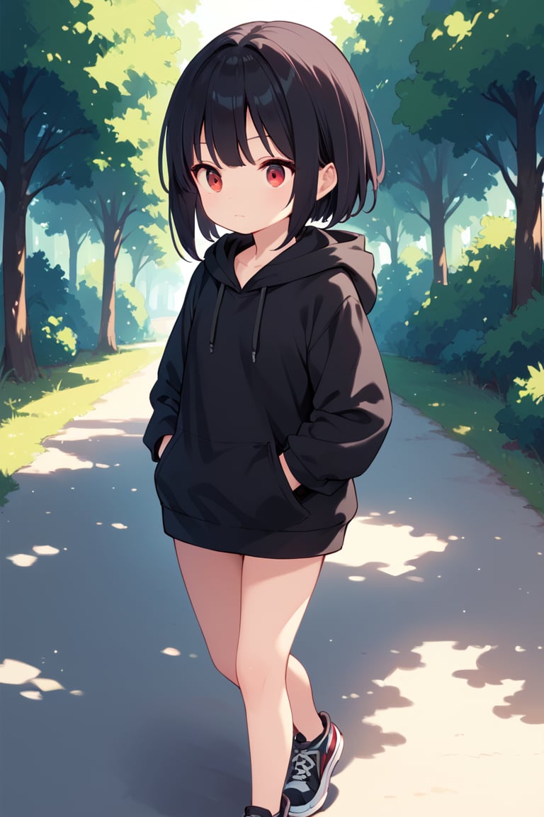 score_9, score_8_up, score_7_up, young girl, black hoodie, black hair, red eyes, walking outdoors, hands in pockets of hoodie, curious expression