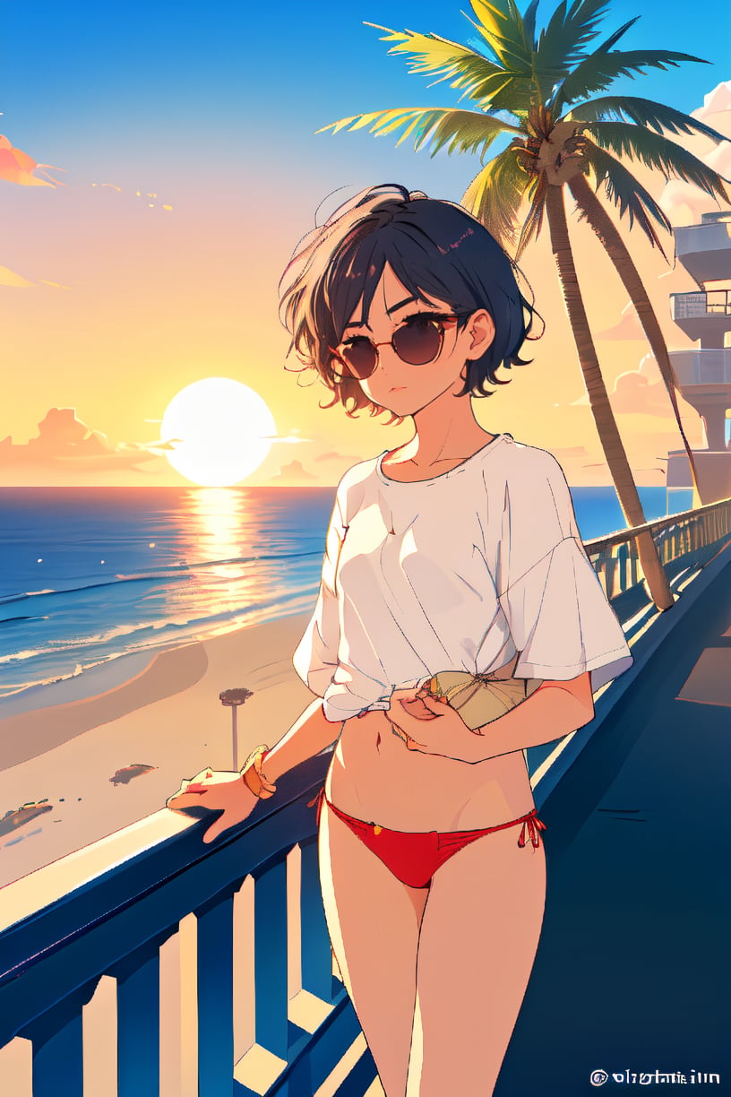 sand, sea, side road, sunset time, palm tree, tired shirt, underwear Swimsuit, short hair, wavy hair, love shape sunglasses, stand in balcony