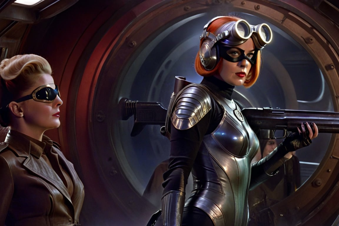 In a dimly lit, foggy retro-futuristic spaceship, Fritz Lang's protagonist stands firm, clad in worn leather and goggles, ((a reptile humanoid alien)), amidst the eerie glow of moonlit metropolis views through portholes. Two women and one man donning steam-powered armor prepare for battle against an otherworldly foe. The striking female figure, dressed in a metallic spacesuit and 1910-era hairstyles, fixes her gaze on the encroaching threat. Amidst chaos, she remains steadfast. Fritz Lang's protagonist holds an FN SCAR-H rifle while one opponent brandishes a laser gun.