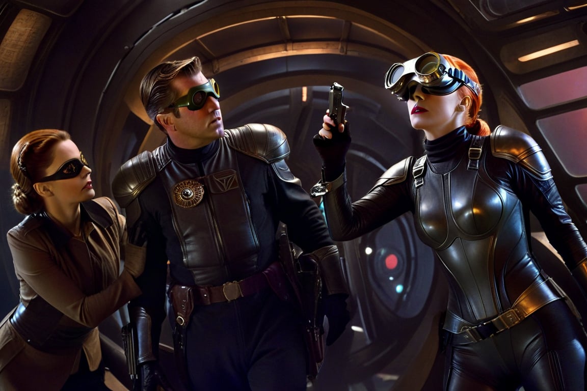 In a dimly lit, foggy retro-futuristic spaceship, Fritz Lang's protagonist stands firm, clad in worn leather and goggles, ((a reptile humanoid alien)), amidst the eerie glow of moonlit metropolis views through portholes. Two women and one man donning steam-powered armor prepare for battle against an otherworldly foe. The striking female figure, dressed in a metallic spacesuit and 1910-era hairstyles, fixes her gaze on the encroaching threat. Amidst chaos, she remains steadfast. Fritz Lang's protagonist holds an FN SCAR-H rifle while one opponent brandishes a laser gun.