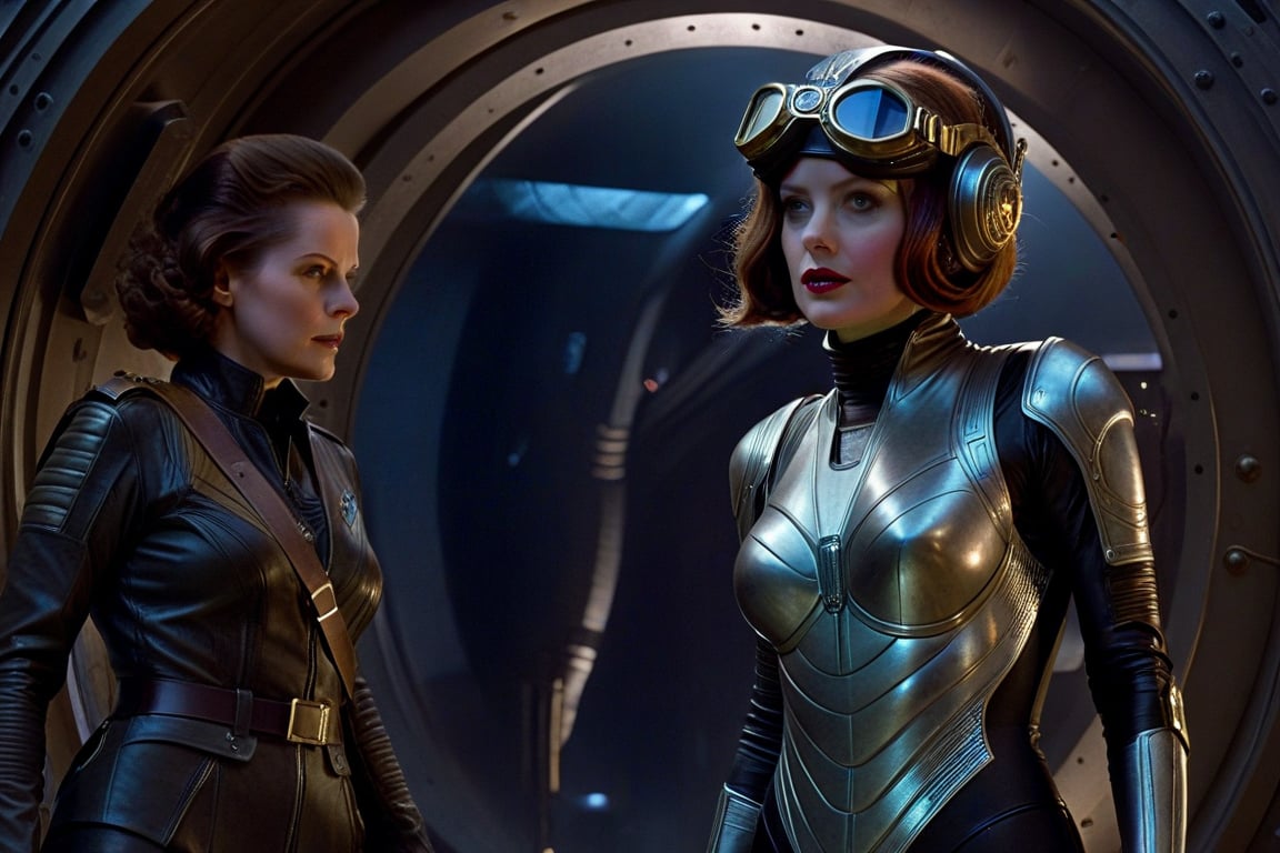 In a dimly lit, foggy retro-futuristic spaceship, Fritz Lang's protagonist stands firm, clad in worn leather and goggles, ((a reptile humanoid alien)), amidst the eerie glow of moonlit metropolis views through portholes. Two women and one man donning steam-powered armor prepare for battle against an otherworldly foe. The striking female figure, dressed in a metallic spacesuit and 1910-era hairstyles, fixes her gaze on the encroaching threat. Amidst chaos, she remains steadfast. Fritz Lang's protagonist holds an FN SCAR-H rifle while one opponent brandishes a laser gun.