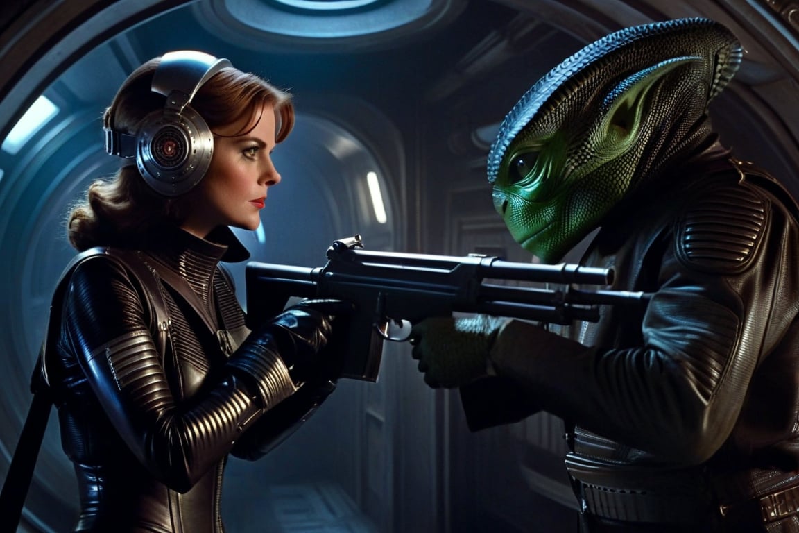 In a dimly lit, foggy retro-futuristic spaceship, Fritz Lang's protagonist stands firm, clad in worn leather and goggles, ((a reptile humanoid alien)), amidst the eerie glow of moonlit metropolis views through portholes. Two women and one man donning steam-powered armor prepare for battle against an otherworldly foe. The striking female figure, dressed in a metallic spacesuit and 1910-era hairstyles, fixes her gaze on the encroaching threat. Amidst chaos, she remains steadfast. Fritz Lang's protagonist holds an FN SCAR-H rifle while one opponent brandishes a laser gun.