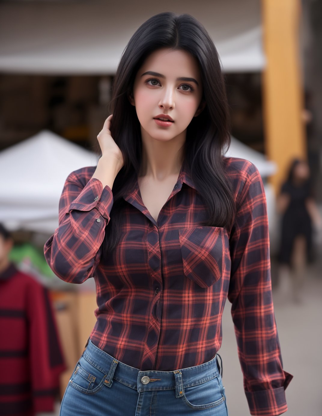 a girl like katrina kaif having black hair and good 4kquality realistic. Goggle on eyes. And wear red check shirt and jeans. Market background. zoom out on her face near camera and giving pose.too near on camera professional photography
elegent, and confident .single body picture
