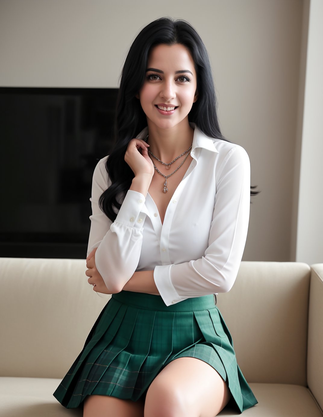 a girl like katrina kaif having black hair and good 4kquality realistic. collarbone, necklace, school uniform, green necktie, collared shirt, white shirt, sleeves rolled up, pleated skirt, plaid skirt, , reaching out, sitting on sofa, sky, standing, smile. giving pose. camera professional photography
elegent, and confident .single body picture
