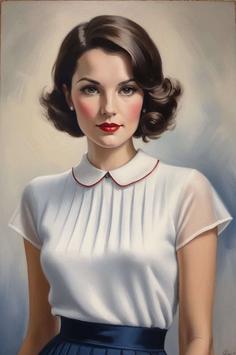 Oil Painting Art. Painting a waist up portrait of a french elegant classy,slim minx woman, 30 years old, cute, brunette,1930's hair cut style, long lashes,white silk short sleeves sweater, navy short pleated skirt. Tricolored blue,white and red background