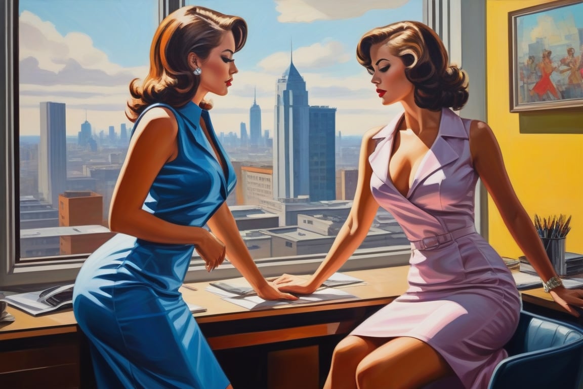 Oil Painting art, comics style painting.explicit sapphic sexual intercourse between two sexy classy business girls in dresses,sixties style, modern office, large windows