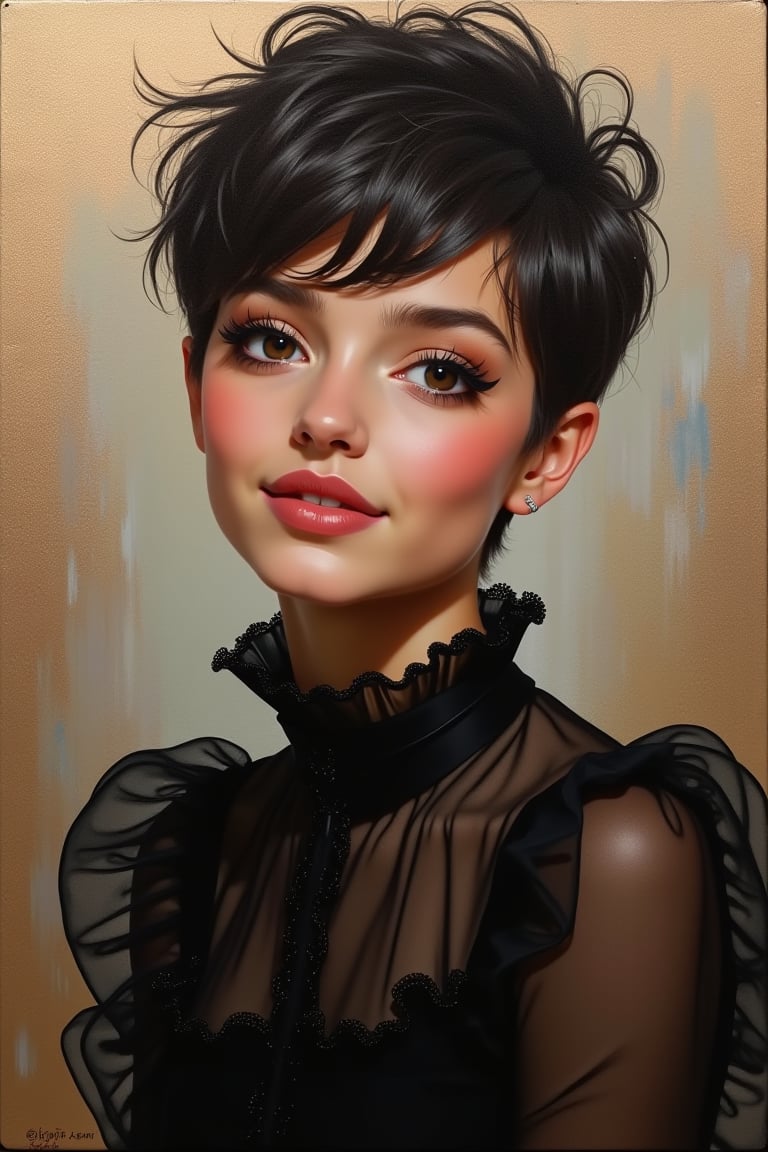 Oil Painting Art
Portrait of a young cute woman, sexy pixie hair cut, classy make-up, 
smile
Black edwardian transparent blouse, puff sleeves
soft and warm lightening
Elegant silver and copper background

