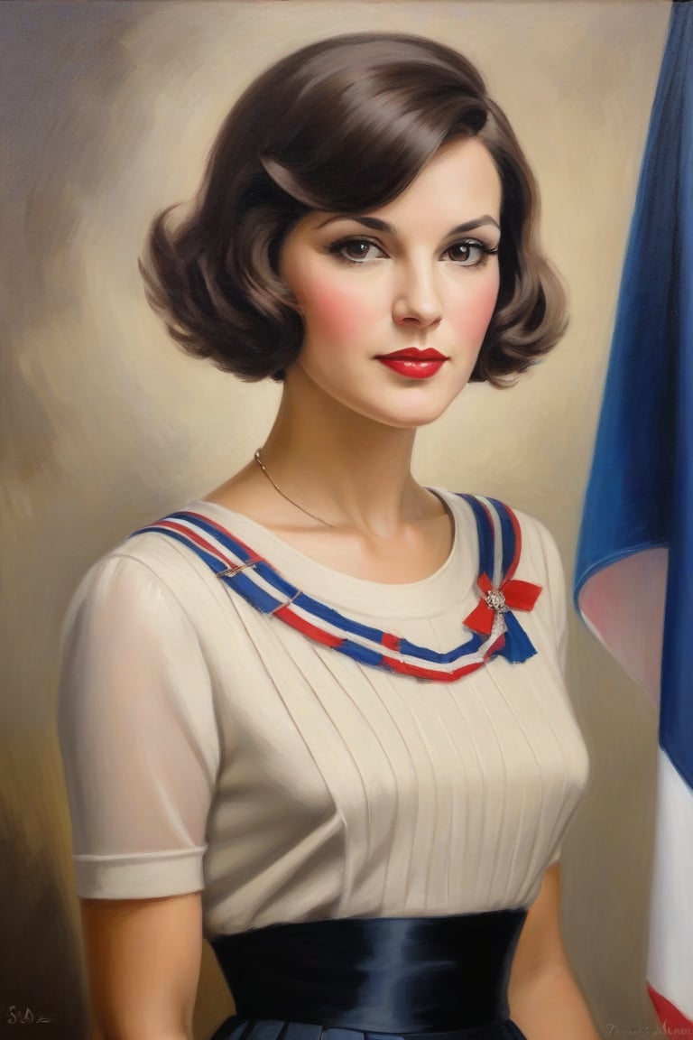 Oil Painting Art. Painting a waist up portrait of a french elegant classy,slim minx woman, 30 years old, cute, brunette,1930's hair cut style, long lashes,silk short sleeves sweater, short pleated skirt, two  flags of France in the background