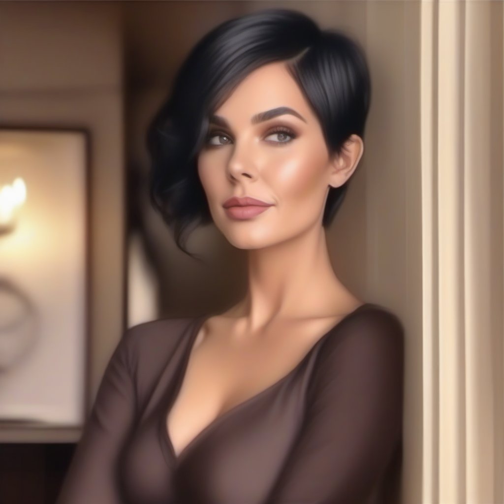 color pencil art, drawing in color a 30 years old classy woman, classy makeup, black hair color, pixie hair cut, pantyhose, soft and warm light, 