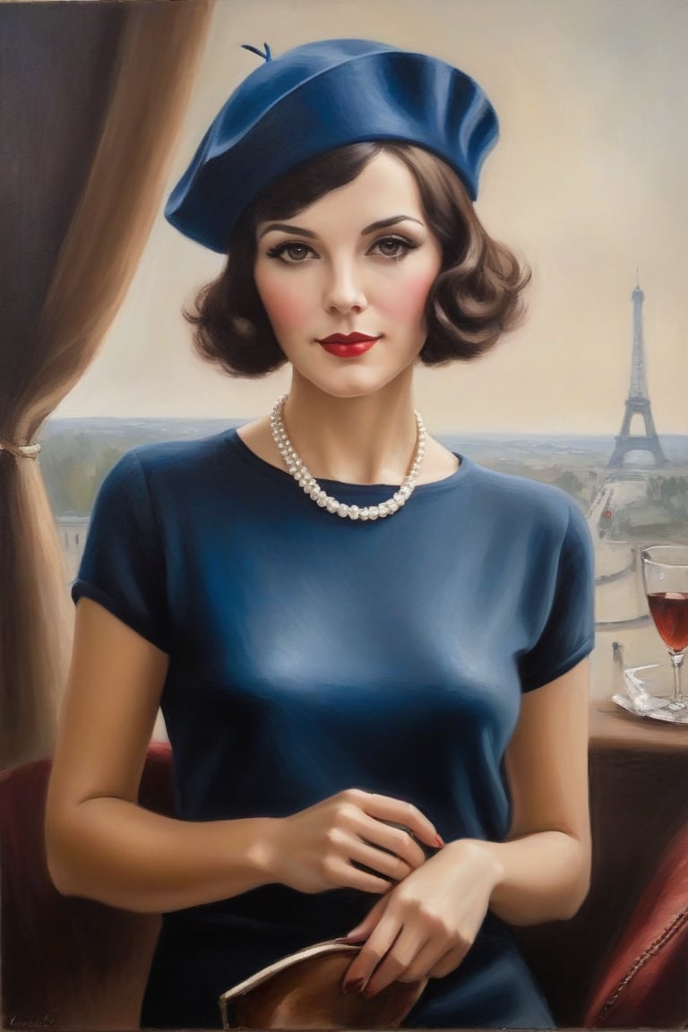 Oil Painting Art. Portrait of a french elegant classy,slim minx woman, 30 years old, cute, brunette,1930's hair cut style, long lashes,silk short sleeves sweater,beret,Bastille Day