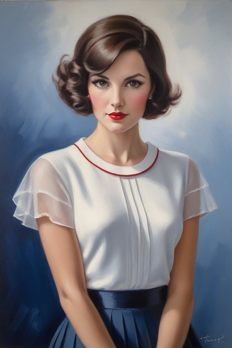 Oil Painting Art. Painting a waist up portrait of a french elegant classy,slim minx woman, 30 years old, cute, brunette,1930's hair cut style, long lashes,white silk short sleeves sweater, navy short pleated skirt. Tricolored blue,white and red background