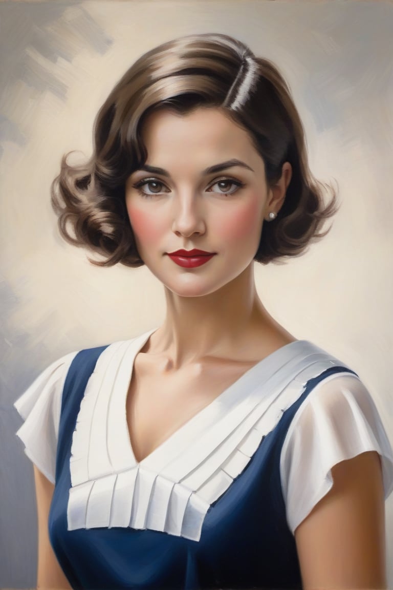 Oil Painting Art. Painting a waist up portrait of a french elegant classy,slim minx woman, 30 years old, cute, brunette,1930's hair cut style, long lashes,white silk short sleeves sweater, navy short pleated skirt, two  small flags of France in her hands. clear background