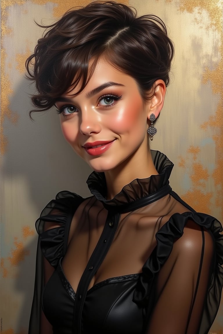 Oil Painting Art
Portrait of a young cute woman, sexy pixie hair cut, classy make-up, 
smile
Black edwardian transparent blouse, puff sleeves
jewellry
soft and warm lightening
Elegant silver and copper background

