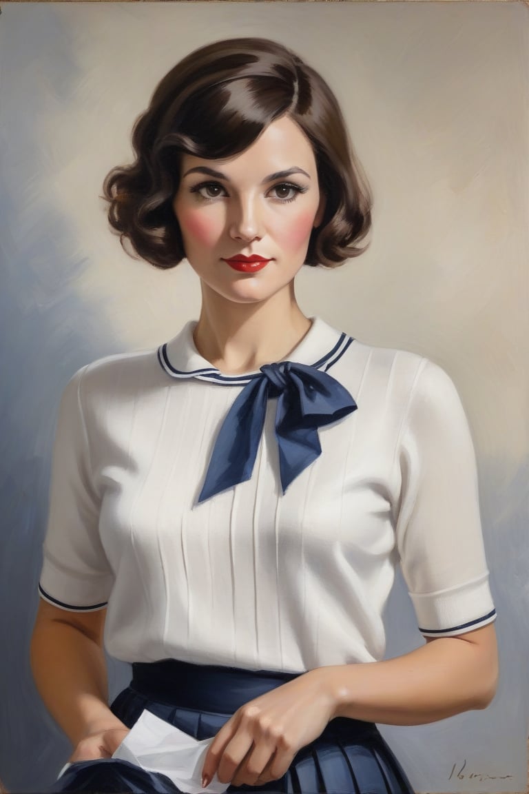 Oil Painting Art. Painting a waist up portrait of a french elegant classy,slim minx woman, 30 years old, cute, brunette,1930's hair cut style, long lashes,white silk short sleeves sweater, navy short pleated skirt, two  small flags of France in her hands. clear background