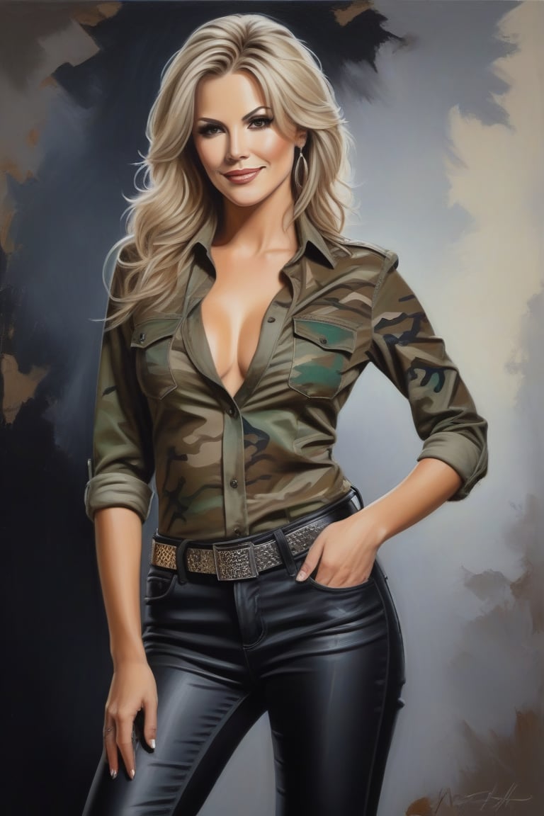 Oil Painting art, Full Lenght detailed portrait of a 50 years old classy sexy minx woman, classy makeup, ash blonde hair color, long hair cut,  disheveled, she wears a Camouflage Women's Slim Fit T-Shirt, a low waist black skinny leather jeans,silver buckle belt,stilletos pointed ankle boots. Posing in a elegant background, nice lightening, confident smile, standing provocative and sexy, ultra realistic style