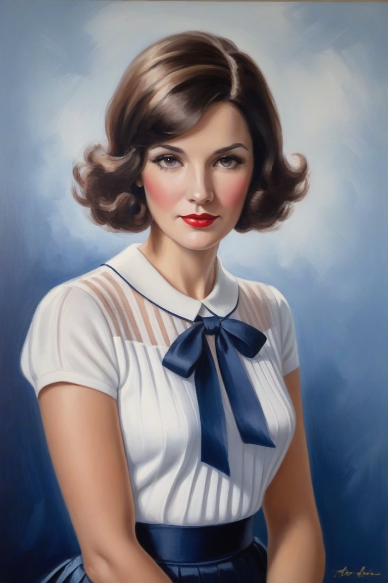 Oil Painting Art. Painting a waist up portrait of a french elegant classy,slim minx woman, 30 years old, cute, brunette,1930's hair cut style, long lashes,white silk short sleeves sweater, navy short pleated skirt,ribbons. blue white and red clear background