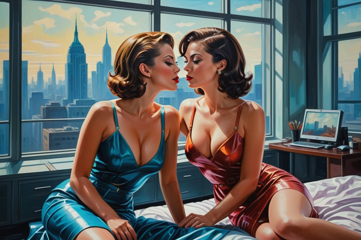 Oil Painting art, comics style painting.explicit sapphic sexual intercourse between two sexy classy business girls in dresses,sixties style, modern office, large windows