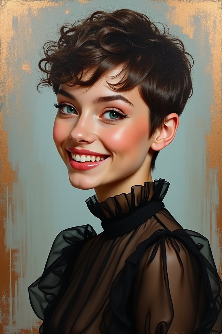 Oil Painting Art
Portrait of a young cute woman, sexy pixie hair cut, classy make-up, 
teal eyes
smile
Black edwardian transparent blouse, puff sleeves
soft and warm lightening
Elegant silver and copper background

