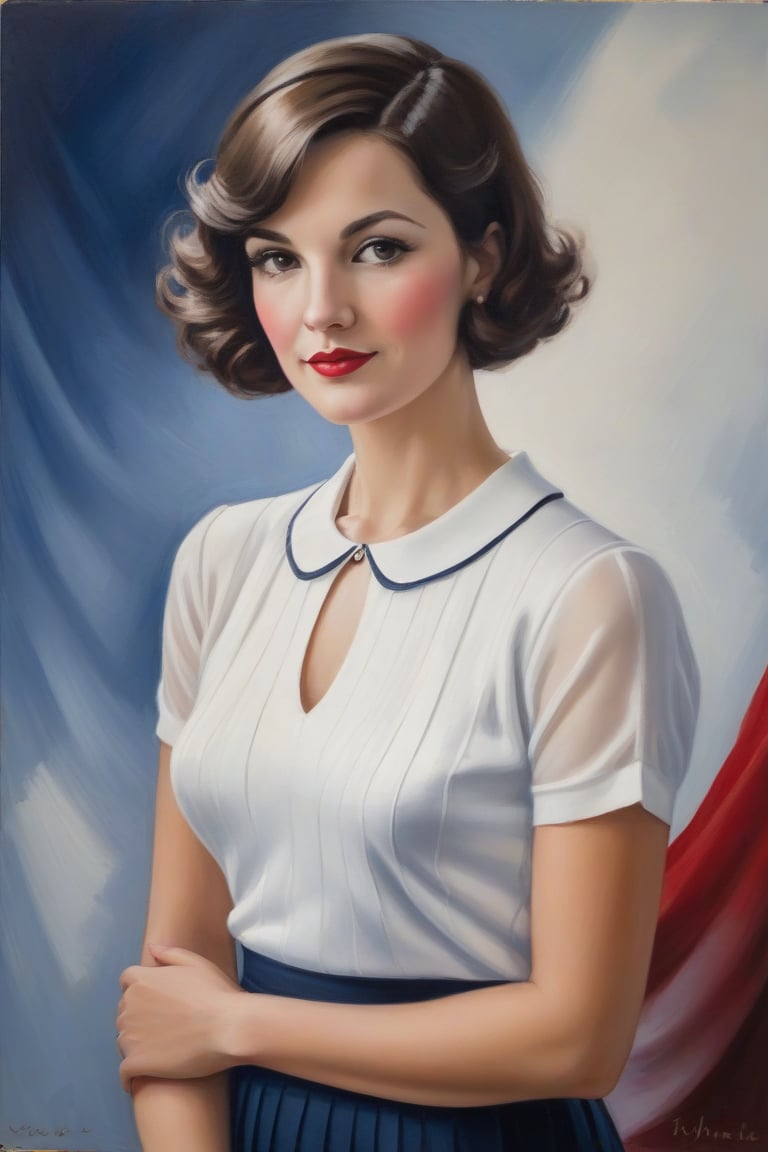 Oil Painting Art. Painting a waist up portrait of a french elegant classy,slim minx woman, 30 years old, cute, brunette,1930's hair cut style, long lashes,white silk short sleeves sweater, navy short pleated skirt. Tricolored blue,white and red background