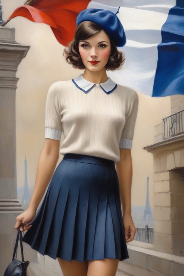 Oil Painting Art. full lenght Portrait of a french elegant classy,slim minx woman, 30 years old, cute, brunette,1930's hair cut style, long lashes,silk short sleeves sweater, short pleated skirt, derby shoes, white ankles socks,french beret,Bastille Day, french flags