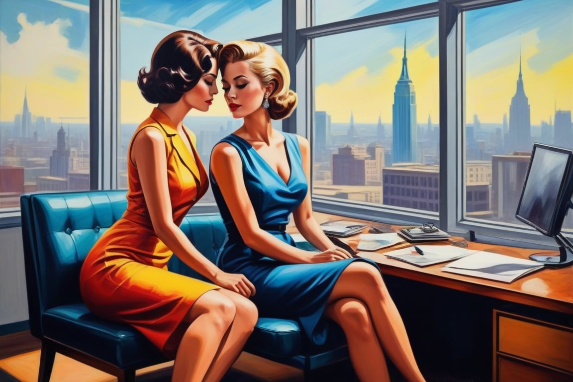 Oil Painting art, comics style painting.explicit sapphic sexual intercourse between two sexy classy business girls in dresses,sixties style, modern office, large windows