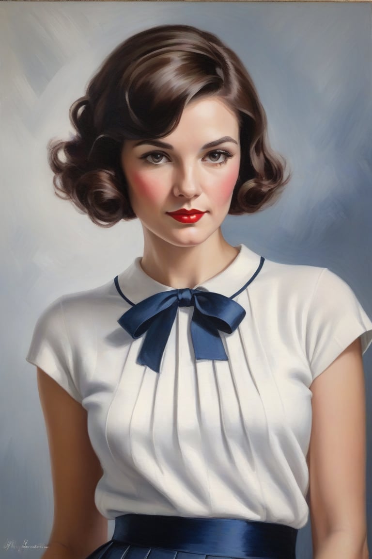 Oil Painting Art. Painting a waist up portrait of a french elegant classy,slim minx woman, 30 years old, cute, brunette,1930's hair cut style, long lashes,white silk short sleeves sweater, navy short pleated skirt, tricolored blue, white and red ribbons in her hair. clear background