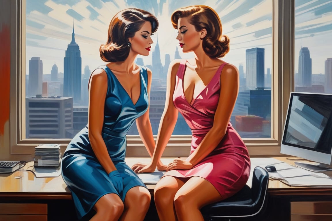 Oil Painting art, comics style painting.explicit sapphic sexual intercourse between two sexy classy business girls in dresses,sixties style, modern office, large windows