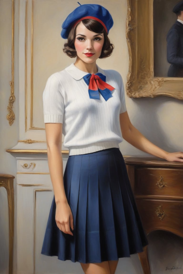 Oil Painting Art. full lenght Portrait of a french elegant classy,slim minx woman, 30 years old, cute, brunette,1930's hair cut style, long lashes,silk short sleeves sweater, short pleated skirt, derby shoes, white ankles socks,french beret,Bastille Day, french flags in the background