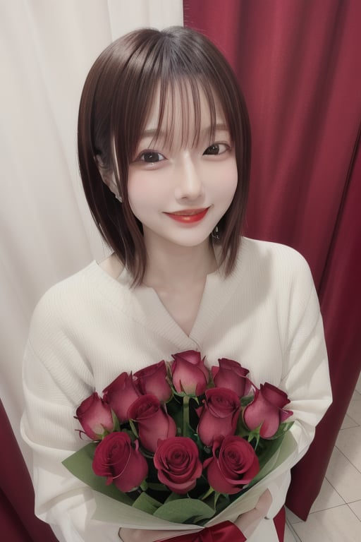 mikas holding a bouquet of roses is smiling seductively with red lips. Velvet curtains stand out in the background, creating a sensual atmosphere.