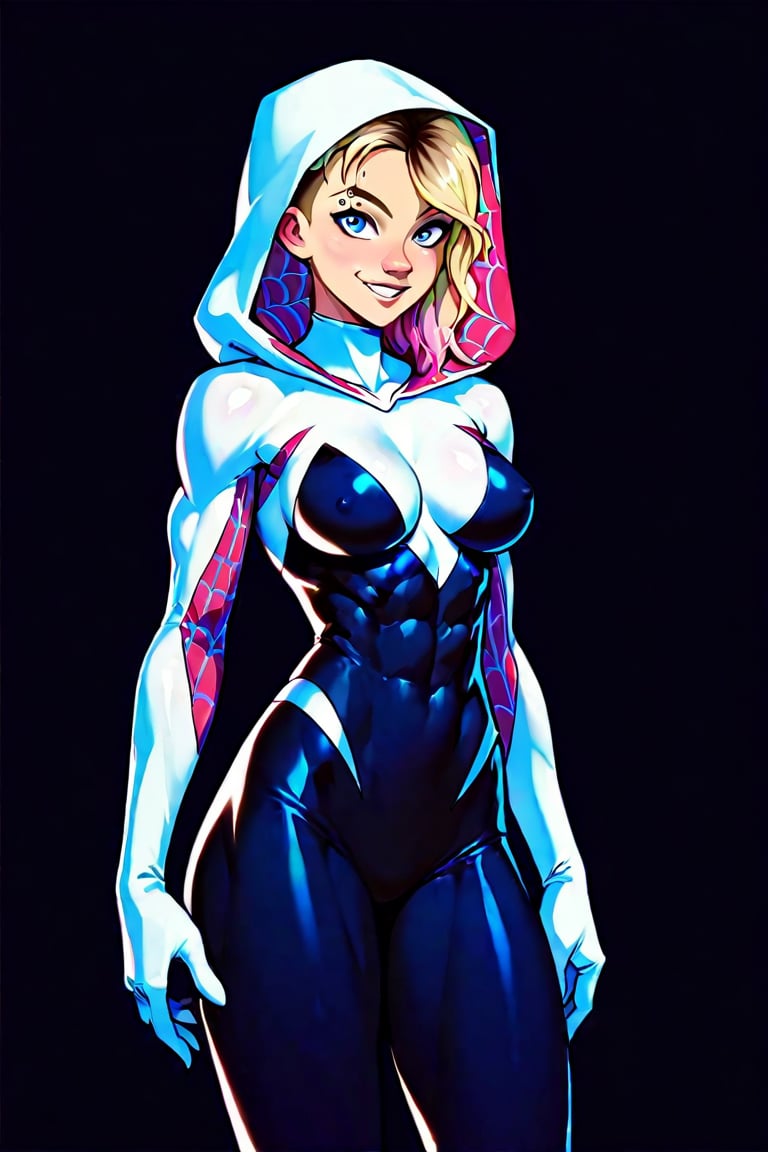 score_9, score_8_up, score_8., 1girl, spider gwen, black background, standing, tight clothes, looking at viewer, smiling, muscular