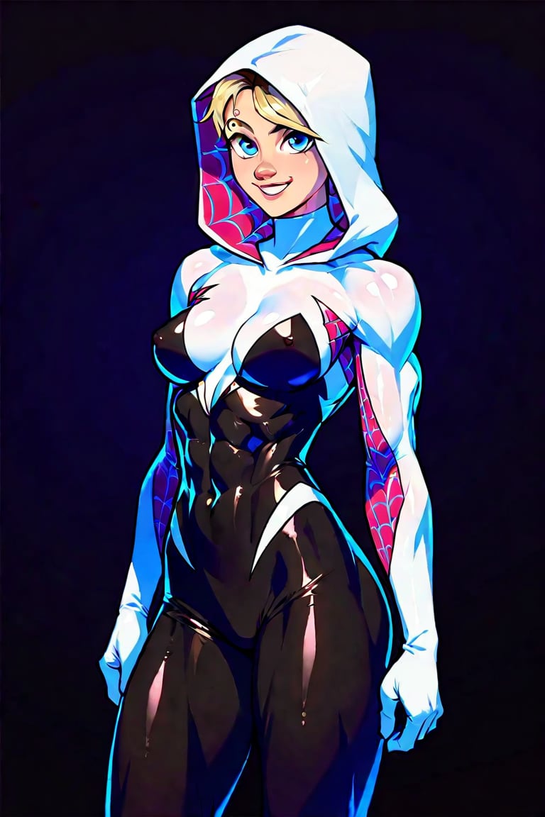 score_9, score_8_up, score_8., 1girl, spider gwen, black background, standing, tight clothes, looking at viewer, smiling, muscular