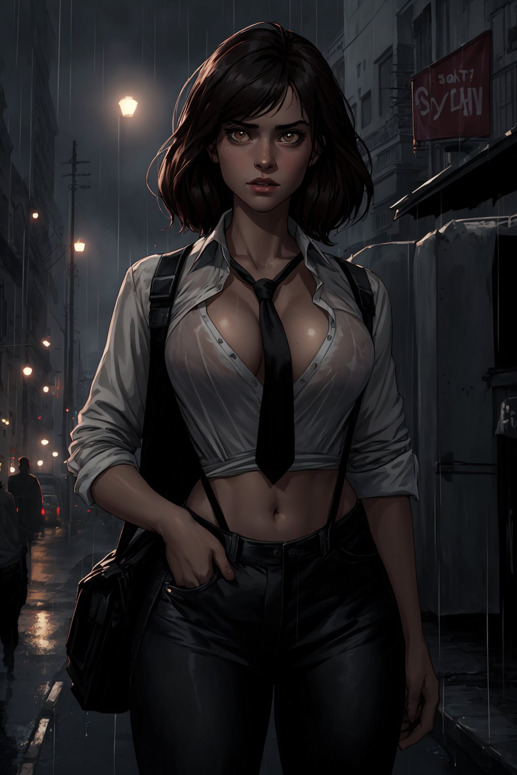 1girl, solo, breasts, looking at viewer, blush, short hair, bangs, large breasts, outdoor, night, rain, alley, brown hair, shirt, cleavage, brown eyes, collarbone, white shirt, short sleeves, sweat, parted lips, necktie, collared shirt, belt, pants, dark skin, grey background, dark-skinned female, thigh gap, black pants, suspenders, black necktie, shirt tucked in, loose necktie, high-waist pants, undone necktie,