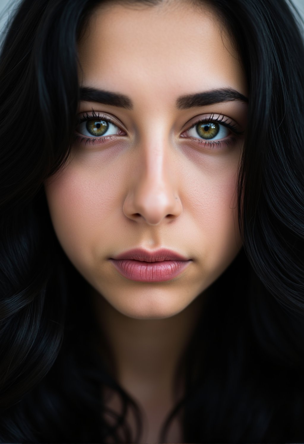 an extreme close-up portrait photograph of a young woman's face. She has dark hair that is styled in loose waves and falls over her shoulders. Her eyes are looking directly at the camera with a serious expression. Her lips are slightly parted and her nose is slightly upturned. The lighting is soft and natural, highlighting her features. The overall mood is somber and contemplative., solo, realistic, photorealistic, 1girl, black hair, close-up, parted lips, portrait, green eyes, lips, looking at viewer, long hair, simple background, blurry, nose, eyelashes, grey background, thick eyebrows, red lips, depth of field