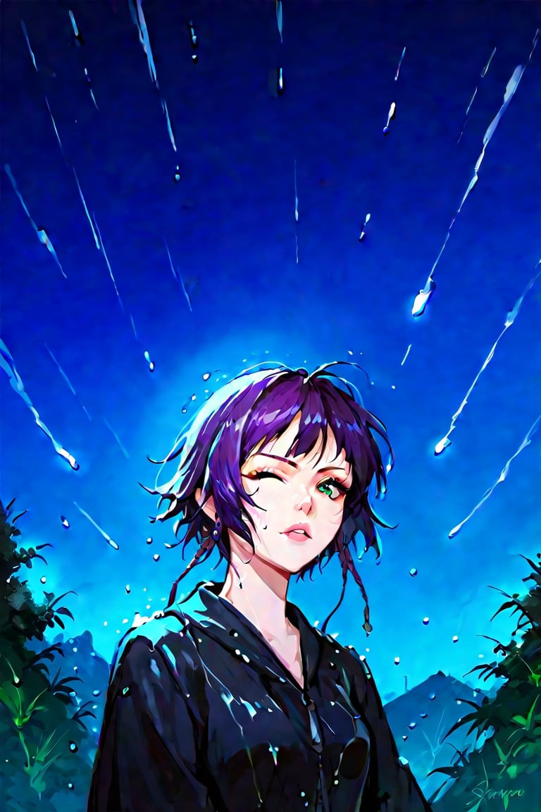 score_9, score_8_up, score_8., 1girls, solo, sky, night, raining, standing, outdoor, sketch, soifon, upper body, green_eyes, parted_lips, one tear, 