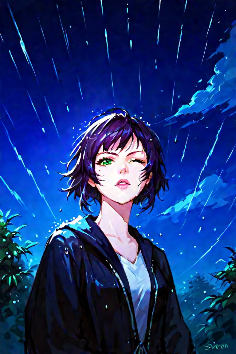 score_9, score_8_up, score_8., 1girls, solo, sky, night, raining, standing, outdoor, sketch, soifon, upper body, green_eyes, parted_lips, one tear, 