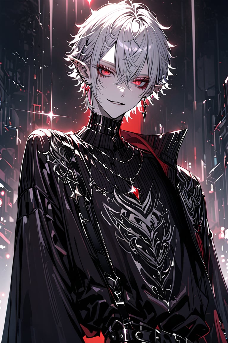 A virtual YouTuber, Kuzuha from Nijisanji, stands solo with piercing red eyes, gazing directly at the viewer. His long sleeves and black jacket contrast against his pale skin. white short hair mixes with grey locks framing his face. Pointy ears and parted lips add to his captivating male focus. Earrings glint as he wears a subtle smile, adorned in jewelry that catches the light., m3,txznmec