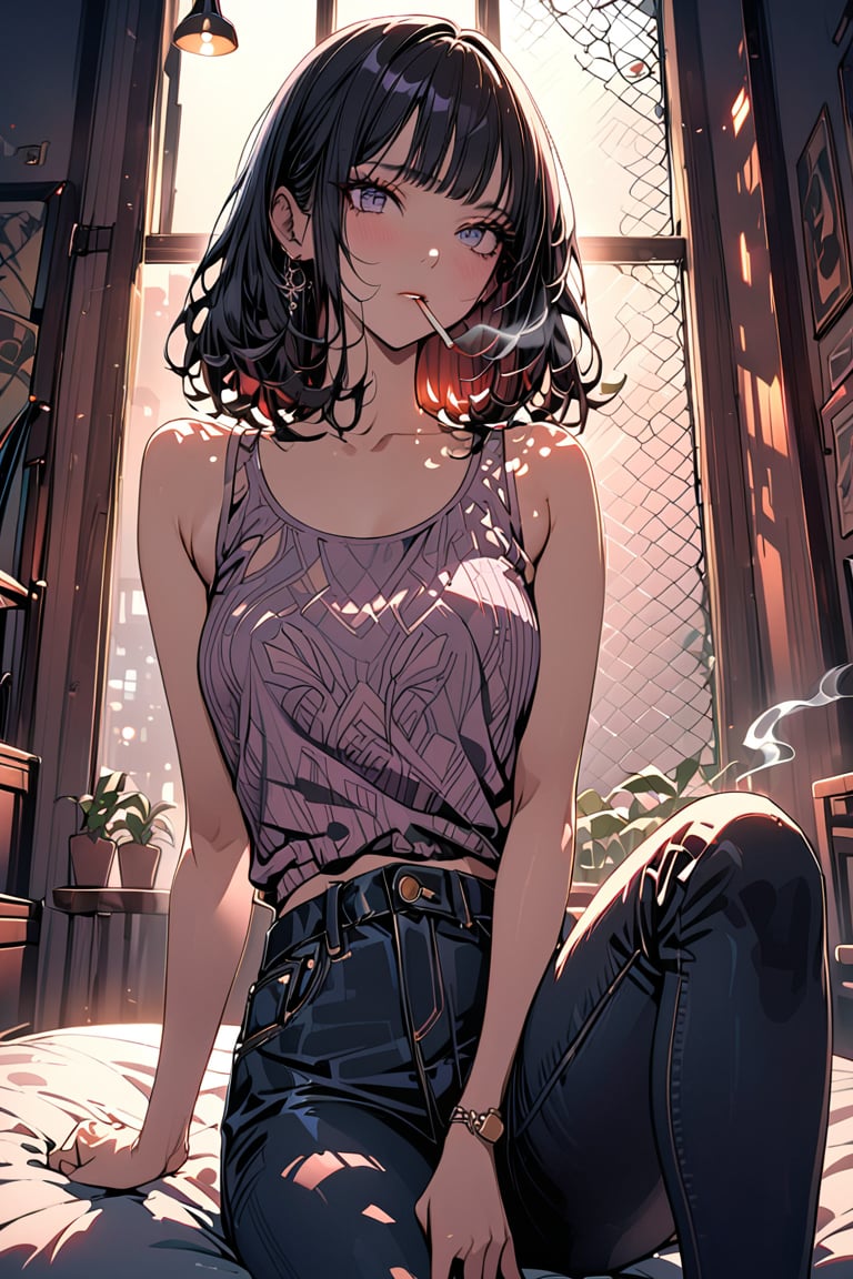 (masterpiece:1.5),(ultra detaild:1.5),best quality,anime style, super fine illustration, highly detailed, dynamic angle, beautiful detailed, 8k,Perfect dynamic composition, Beautiful detailed eyes,  A mellow atmosphere settles in as the girl sits on a bed, surrounded by a chain-link fence. Her long black hair cascades down her back, framing her face with blunt bangs. She sports a tattoo and wears a tank top, paired with pants that hint at a relaxed demeanor. A cigarette dangles from her lips as she takes a slow, contemplative drag, lost in thought as the window's soft glow illuminates her introspective moment.,Beautiful eyes,Eyes,Colorful art, (smoking:1.5)