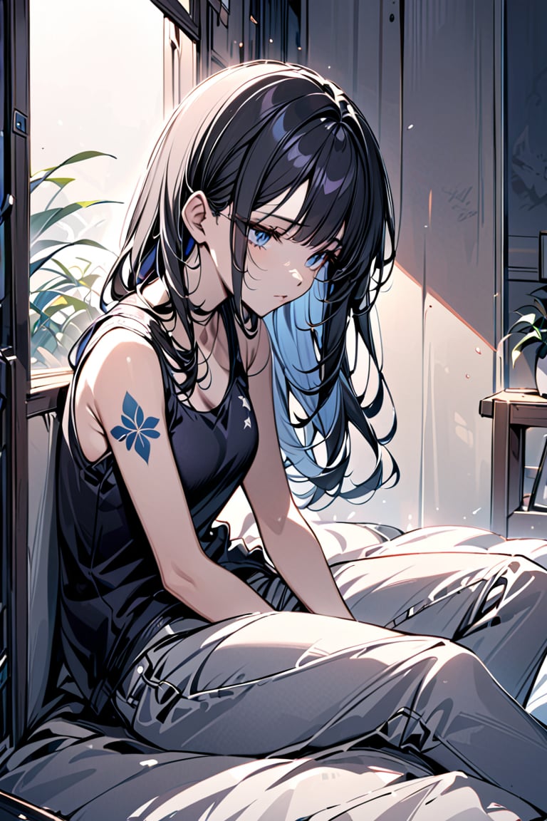 A mellow atmosphere settles in as the girl sits on a bed, surrounded by a chain-link fence. Her long black hair cascades down her back, framing her face with blunt bangs. She sports a tattoo and wears a tank top, paired with pants that hint at a relaxed demeanor. A cigarette dangles from her lips as she takes a slow, contemplative drag, lost in thought as the window's soft glow illuminates her introspective moment.,Beautiful eyes,Eyes,Colorful art